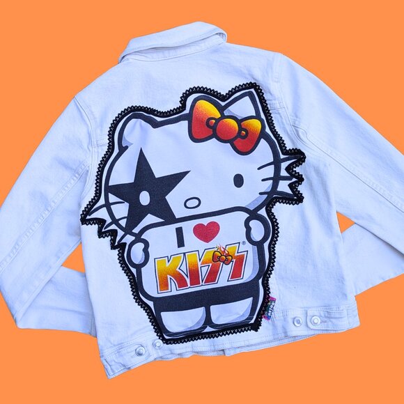 Handmade, Upcycled Hello Kitty/Kiss White Denim Jacket Size M - Picture 1 of 4